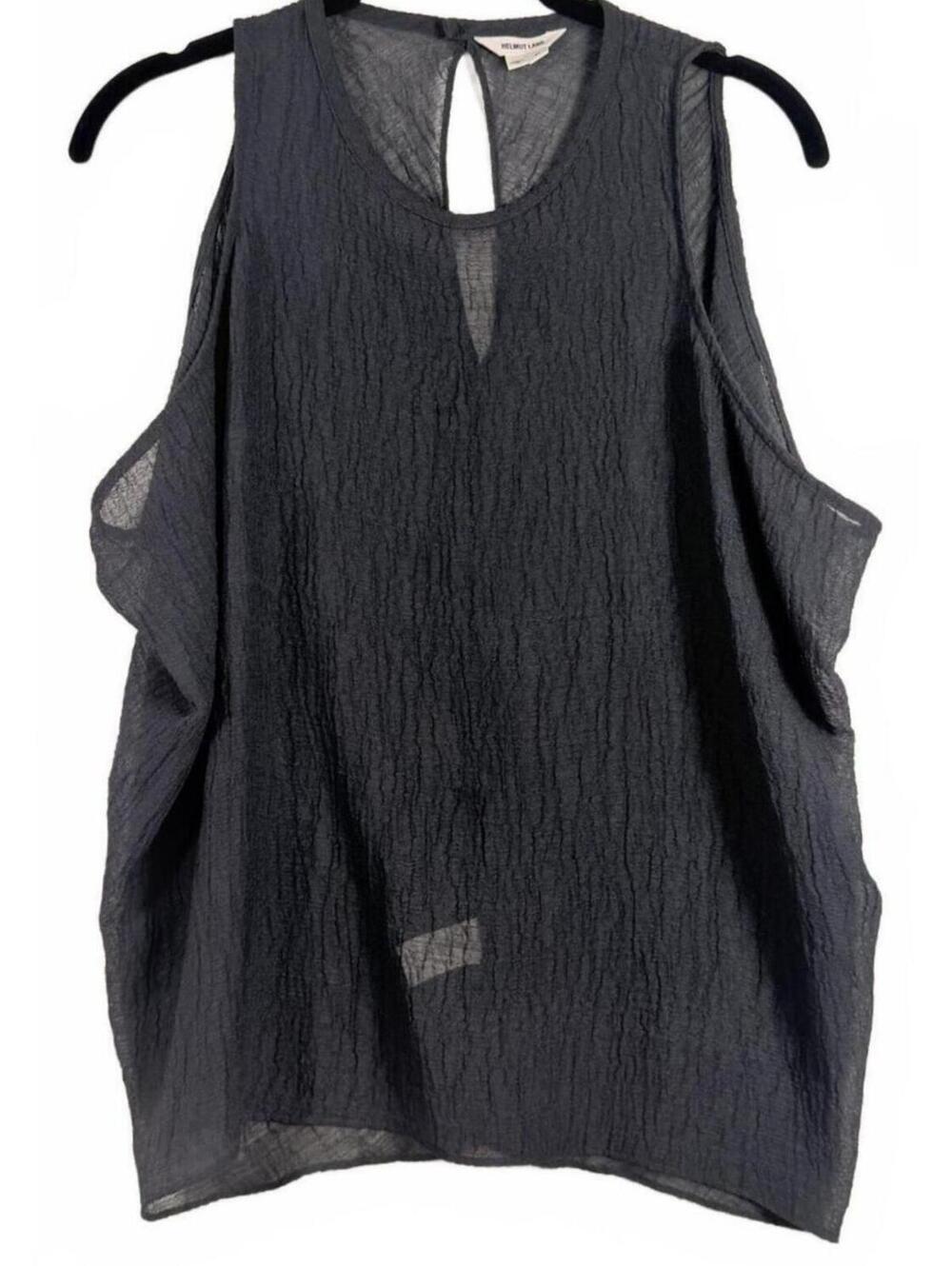 Helmut Lang TP0725 Blue/Grey Sheer Ruffle Blouse Crinkle Sleeveless Top Size 0